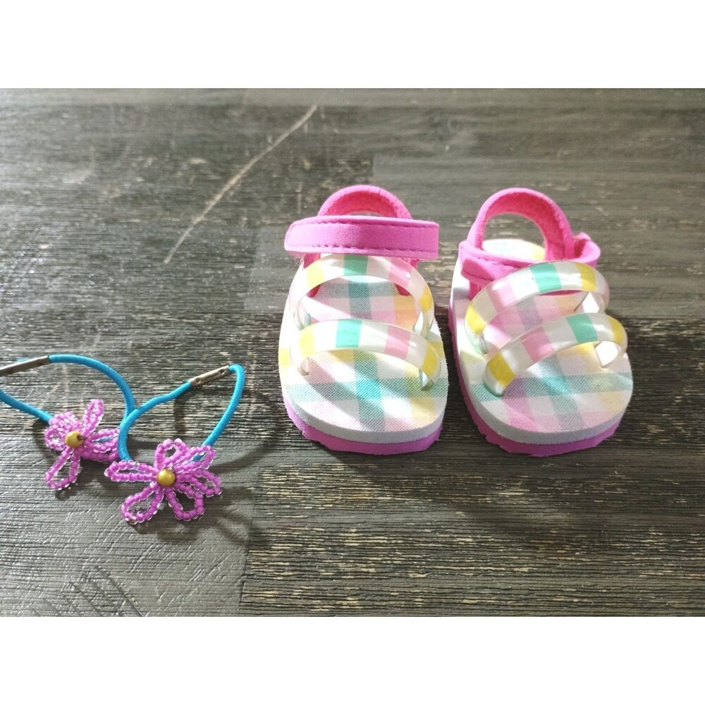 American Girl 2003 Picnic Time Pastel Sandals & Beaded Pink Flower Hair Elastics
